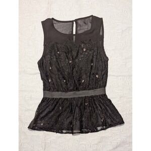 Meadow Rue Anthropologie Black Lace Peplum Top XS Sheer Beaded Sleeveless